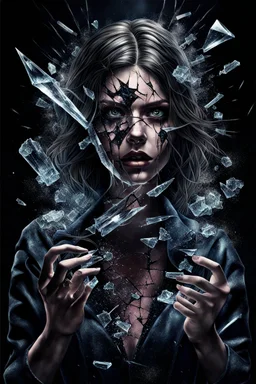 a high realistic explosding girl with fractured glass, she tries to piece herself back together again, high contrast, high textured, thriller, high detail, atmospheric, dark fantasy, dark colors, cinematic, high realistic