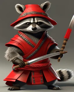 raccoon as a samurai, realistic, 2 katanas, in China, red straw Hat