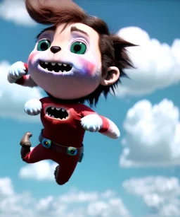 Ultra realistic clouds sky scene, medium shot view, portrait, sweet monster Childs free jumping flying, trinkets, jelly beans, inflatable helmet, smile, happy, Wes Anderson style, Peter Pan, inflatable color clothing, extreme, wind, clouds sea, 20,000 feet altitude, stratosphere, soft color, highly detailed, unreal engine 5, ray tracing, RTX, lumen lighting, ultra detail, volumetric lighting, 3d, finely drawn, high definition, high resolution.