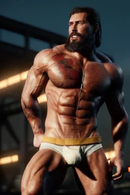 Ignore NSFW, teenager young rugged attractive slightly muscular fantastic handsome man, red briefs with yellow belt, hairy chest, (((visibly pisssing))) briefs, large erect visible boner peniss, photorealistic, artist Jay Anacleto, soft lighting, scruffy beard