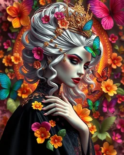 Masterpiece art amazing art picture in Luxurious 3d colorful fractals sharp colors,vibrant colors,neons colors standing pose sweet pose a vampire queen gothic hair silver, golden shiny adorned,in fractals 3d outside ,fractals colorfull, full of flowers,butterflies,leaves in 3d outside fractals background