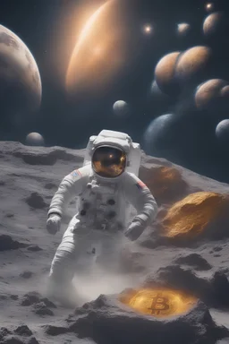 "Generate an awe-inspiring 8K realist image depicting an astronaut triumphantly planting a Bitcoin flag on the lunar surface. The cosmic backdrop should be a chaotic yet mesmerizing scene, replacing traditional stars with various cryptocurrencies. Envision shooting stars as dynamic market movements, while trading charts and pips seamlessly integrate into the background, forming a visually stunning representation of the crypto universe's conquest of the moon."