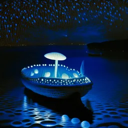 a noctilucent boat made of a mushroom on the ocean at night by artist "Michiel Schrijver",by artist "Leonora Carrington",by artist "Pinhole Photography"