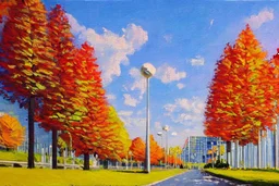 Sunny Day, futuristic buildings near the autumn trees, highway, sci-fi, impressionism painting