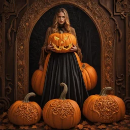 Photorealistic Intricately carved Giant Pumpkin at a Halloween celebration, hyperdetailed Pumpkin carving, by Brooke Shaden, filigree, 3d shading, intricate details, HDR, beautifully shot, hyperrealistic, sharp focus, 64 megapixels, perfect composition, high contrast, rich orange and black colors, cinematic, atmospheric, moody.