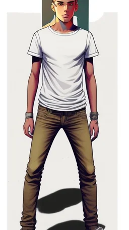 Teen man, black hair, perfect face, style of tomer hanuka, jeans, white, t-shirt, pompadour