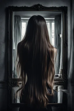 back view of a woman, beautiful long hair, her reflection in a mirror is an empty face, symbolism for the question "who am I", 32k, Mysterious and gothic, chaotic