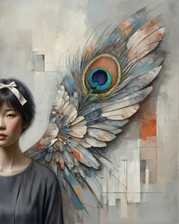 Minimalist abstract artwork in mixed media, depicting a woman with wings like a peacock's fanned plume, radiating as a colorful aura. Contemporary, minimalistic, and surreal, conveying enlightenment, discovery, and exhilaration. Influenced by Jacek Yerka and Richard Burlet, with subtle textures and a sophisticated palette of muted neutrals, deep blues, and striking red accents. Visionary and esoteric, with an emotional, mystical quality.