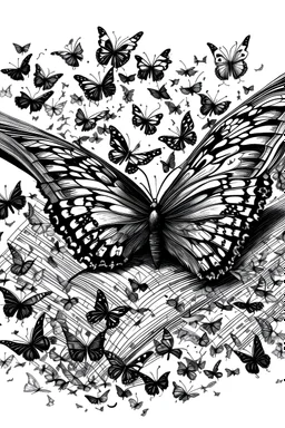 A swarm of butterflies flying out of an old book, pen drawing, black and white, fine details, negative space