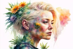 white background, cyberpunk, watercolor, Woman 48 years old, blonde, portrait painting, acrylic, summer sunset, plant hair, flower clothes, double exposure, fine rendering, high detail, high resolution, 8K