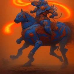 angry horse in orange and blue battle armor, a highly detailed illustration, background of Inka jungle, realistic render, 8 k, micro detail, intricate, elegant, centered, digital painting, Artstation, smooth, sharp focus, illustration, artgerm, tomasz alen kopera, peter mohrbacher, donato giancola, joseph christian leyendecker, wlop, boris vallejo