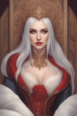 Beautiful white haired Vampire queen on her throne, drawing. Wearing a red cloak with a fur collar. Portrait, waist up