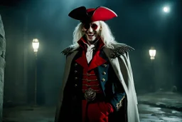 Still frame of Tom Hiddleston as Alucard from the live action "Hellsing" movie based on the anime of the same name. He is wearing his signature red hat and yellow glasses, while maniacally laughing in the moonlight.