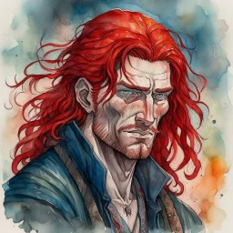 dnd, fantasy, watercolour, large strokes, stylistic, portrait, illustration, dull colours, male, face, narrow long face, weathered face, green eyes, determined, smiling, red hair, very long hair streaming down the shoulders, radiating light, five o'clock shadow, elegant