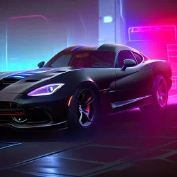 realistic black dodge viper; in an alternate universe in tokyo; cyberpunk; rain; neon signs