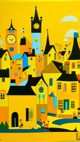 A golden yellow Japanese village with mystic clocks painted by Stuart Davis