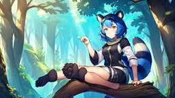 5Girl, blue hair, raccoon ears, raccoon tail, raccoon face, forest, sit on tree, raccoon paws on hand, paws on foot,