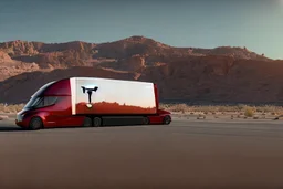 A Tesla 'Semi' (semi truck) is parked, in the Mojave Desert. (CINEMATIC, WIDE ANGLE LENS, PHOTO REAL)