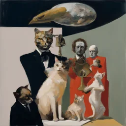 UN conference,a cat and human flesh-like surgical instruments and universe-like a pigeon and neuralink, surrealism,minimalism,Painting By Adrian Ghenie, Rene Magritte, Salvador Dali, Lucian Freud