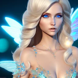 beautiful blonde fairy, blue eyes, in a magical ambiance, transparent wings, delicate colors, finely tuned detail, ultra high definition, 8 k, unreal engine 5, ultra sharp focus