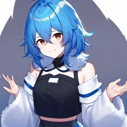 Clear focus, High resolution, rough line art, cute, cartoon, medium blue hair, hair between eyes, fluffy hair, red eyes, wearing a black sleeveless crop top, wearing a white jacket thats of her shoulders, wearing a blue skirt, cutsleeves blue strap and white color, intricately detailed outfit, smiling, 1girl