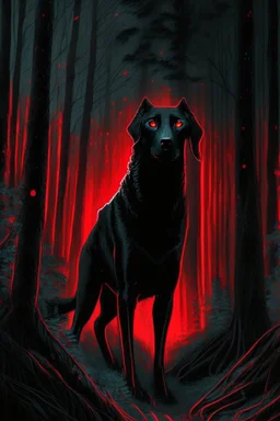 in the style of William Adolphe Bouguereau, a monstrous black hound with red, glowing eyes in a dark forest