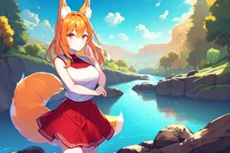 Girl, fox ears, one big fox tail, orange hair, red skirt, river