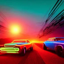 art deco, cyberpunk, two neon muscle cars, race, desert road, sunset, full colour, hd,