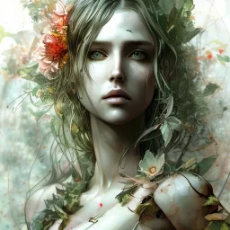 singer Danish MØ face,Style Yoji Shinkawa, watercolor illustration , Dryad, plants, wildflower,