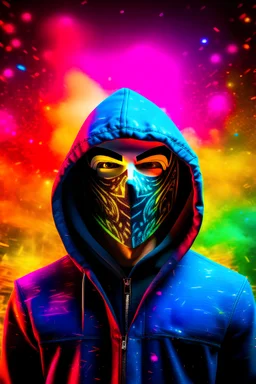 Hoodied Anonymous mask man wishing a happy new year 2024 on a colorful fireworks background