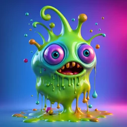 A whimsical dripping, slimy gooey monster, playful, colourful, 3d render, maya, highly detailed, Z brush, cgi, Pixar 3D art, jelly wobbly texture, 1 large centred eye, fun yet scary, slime ball, super cute, animated realism, long wobbly arms, funny feet, ((blob)), quirky, funny feet, pop surrealism, modular constructivism, subsurface scattering, crepuscular realism, ray tracing, big eyes, smiling, salivating, shiny, multi coloured, big smile, sharp teeth, cute afunny cartoon like