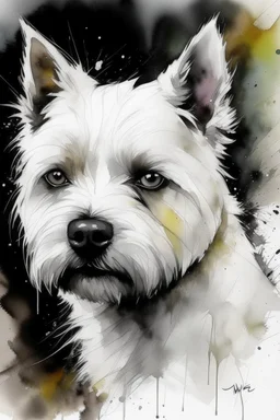 Portrait of a White West highland terrier dog with gentle expression in loose abstract watercolour, wet on wet, and splattering in the style of Agnes Cecile, Willem Haenraets, Yoji Shinkawa, Guy Denning, Florian Nicolle with chalk and rough pastel on rough, textured paper
