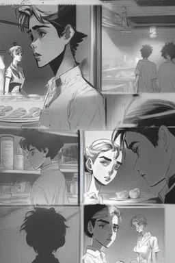 black and white story board, Cut back to the chefs, all of whom roll one sly look at the boy and the girl they switch to the establishment. The shot is through the boy and the girl in the foreground seeing only each other their bodies and between them (if the girl is on the left a the boy on the right and they go right in frame) in the middle we see gives from the cooks, and the third behind the girl (left of frame), scattered throughout the kitchen must have been thrown at them look.