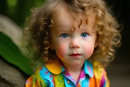 Portrait photo of 3 year old girl in colorful clothes with curly hair