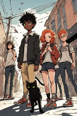 Two teenage brothers with ginger hair plus a teenage punk girl with dark hair are standing in characteristic book cover-style poses. The big black cat walks with them. They are young amateur detectives. The town street with a white van and a group of young people blurred in the background, a mysterious atmosphere