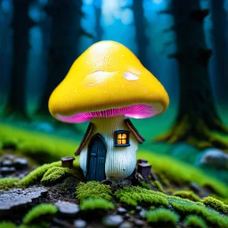 "Close up of a wonderful tiny Mushroom Tower home. Yellow and Magenta with bright white, deep black and contrasting tones of gray. Illuminated bioluminescent forest. Professional painter, master at composition. small but detailed. broken, blurred background, voluminous lighting"