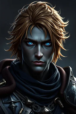 Male Earth Genasi Eldritch Knight with metallic bronze hair and dark grey skin and blue eyes