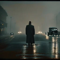 man standing in the middle of a road with cars, inspired by roger deakins, in roger deakins style, road to perdition stillframe, cinematography roger deakins, by roger deakins, roger deakins cinematography, 2 0 2 1 cinematic 4 k framegrab, zack snyder cinematography style, still from a music video, stunning moody cinematography