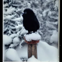 black puff ball of fluff raven crow corvid in the snow vintage polaroid