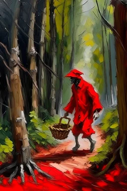 Escena de caperucita roja caminando por el bosque con su canasta colgando de su brazo y se encuentra con el lobo, al estilo Monet.