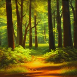 Deep forest painting, dappled sunlight