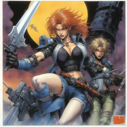 #5 Original coloured Art by masamune shirow Vortex Comic, 1988: female zombie slayer with weapons