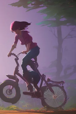 a young girl in blue jeans and a pink shirt riding a bicycle on a dirt path in the forest at midday