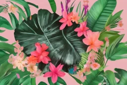 Tropical flowers, realistic heart drawing, crystals, tropical leaves, sacred altar, Fantasy home, cute animal.