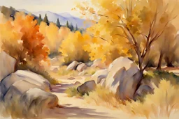 Sunny day, autumn trees, rocks, fantasy, mountains, epic, john singer sargent watercolor paintings