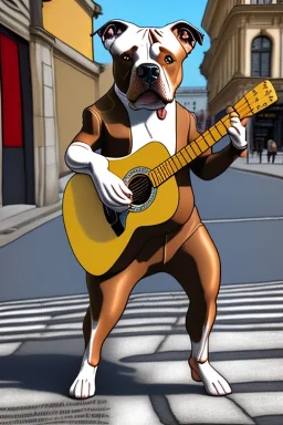 One single mature light Staffordshire terrier, friendly, playing guitar in the street , Vienna, opera, sunny day, model style, hyper realistic, extremely accurate, delicate, extremely detailed, Graphic novel style, wide-angle, open aperture, superfine pencil