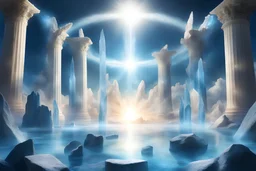 un cercle de plusieurs cristaux de roche bleus et blancs flotte dans le ciel entouré d'un faisceau lumineux, atlantis, il y a plusieurs colonnes avec des flammes blanches, présence d'ange