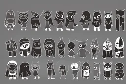 6 simple shaped hand drawn cartoon characters that are cute dark and have hoodies