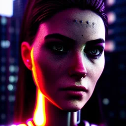 portrait,beautiful female robot, intense stare, sad eyes, post-apocalyptic in a cyberpunk city, realistic, intriacte detail, sci-fi fantasy style, volumetric lighting, particles, highly detailed ,cinamatic , deep colours,8k, by Caravaggio