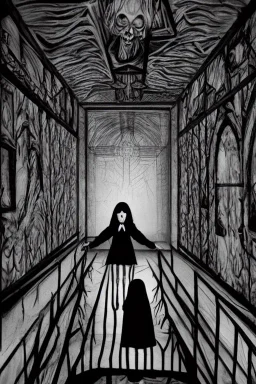 Wednesday Adams in 3d scary dark room Escher style